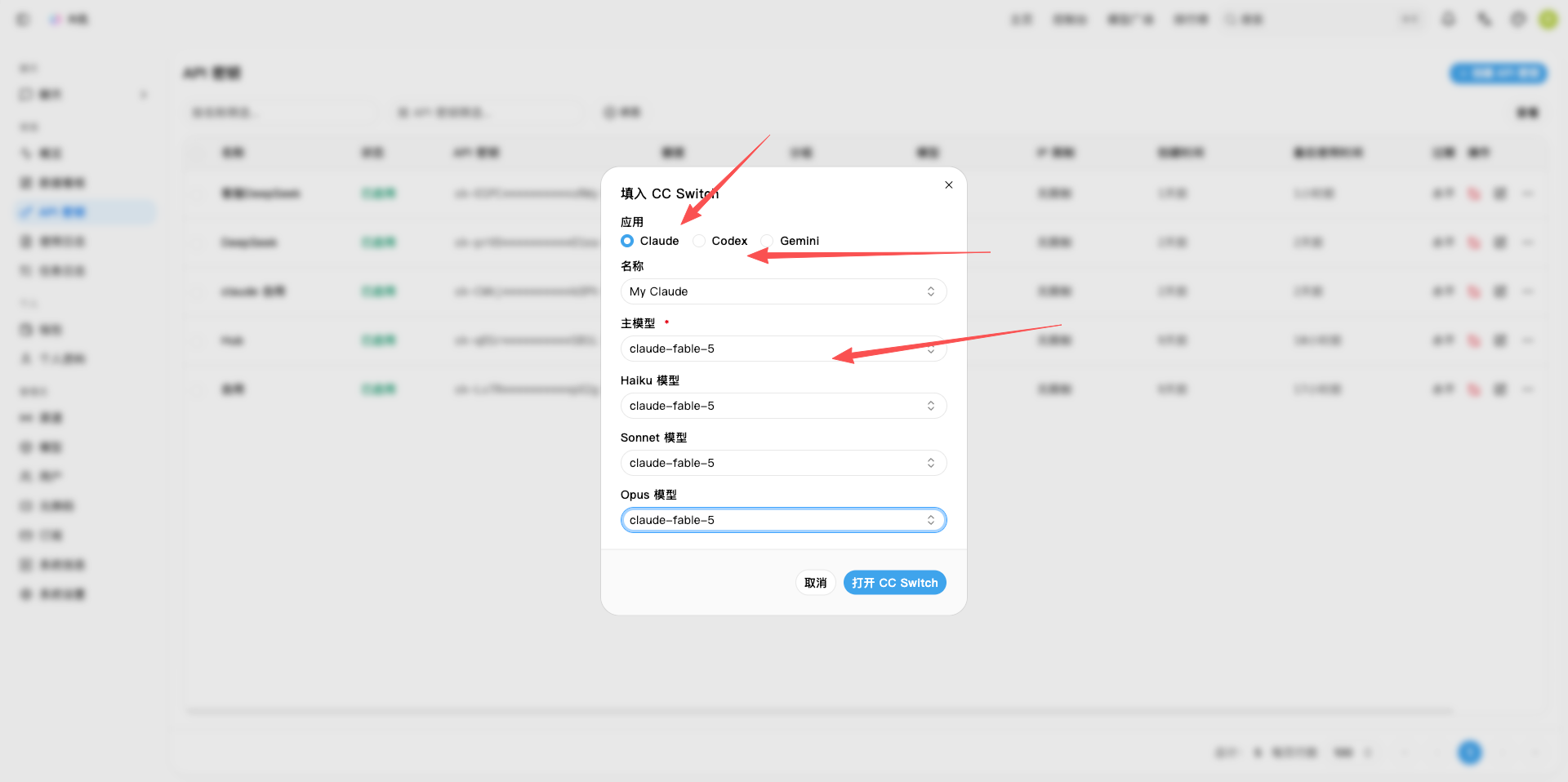 R讯填入 CC Switch 时选择应用和模型